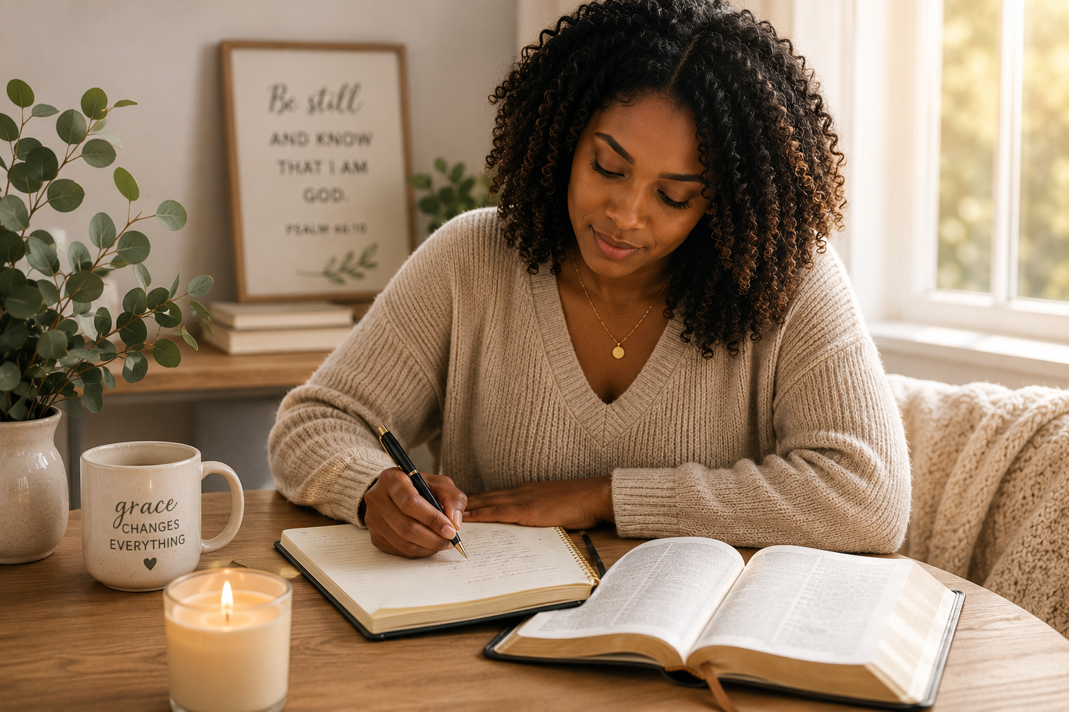 African American Christian woman journaling at a wooden table with an open Bible, reflecting on God's forgiveness and overcoming guilt through faith in a warm, peaceful home setting.